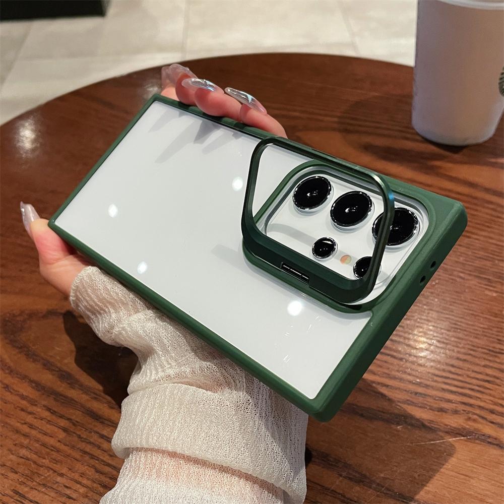 Luxury Camera Stand Folding Holder Clear Case For Samsung Galaxy S24 Ultra S22 Plus S23 FE Lens Protector Transparent Hard Cover