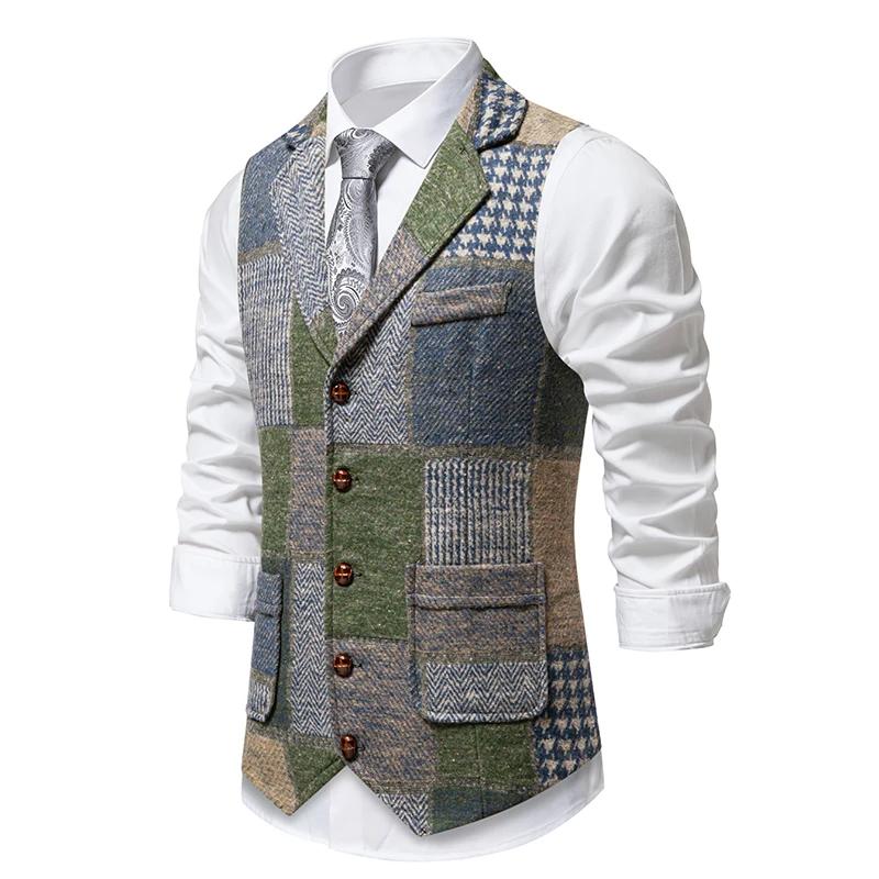 Vest Suit Lapel Mens Collar Stitching Vintage Patch Plaid Woolen Casual Slim Waistcoat For Wedding Vest Groom Costumes