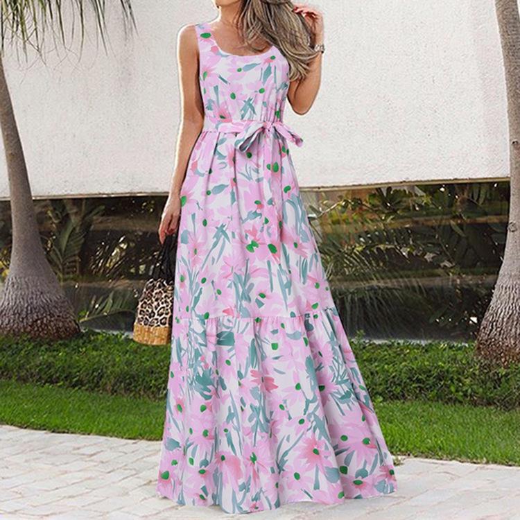 Summer Print Casual Long Dress with Belt, European & American Style