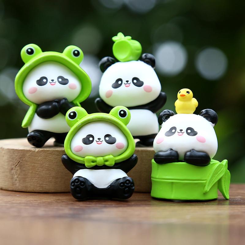 Cute Panda Embracing Bamboo With Frog Headwear Mini Model For Kids And Collectors