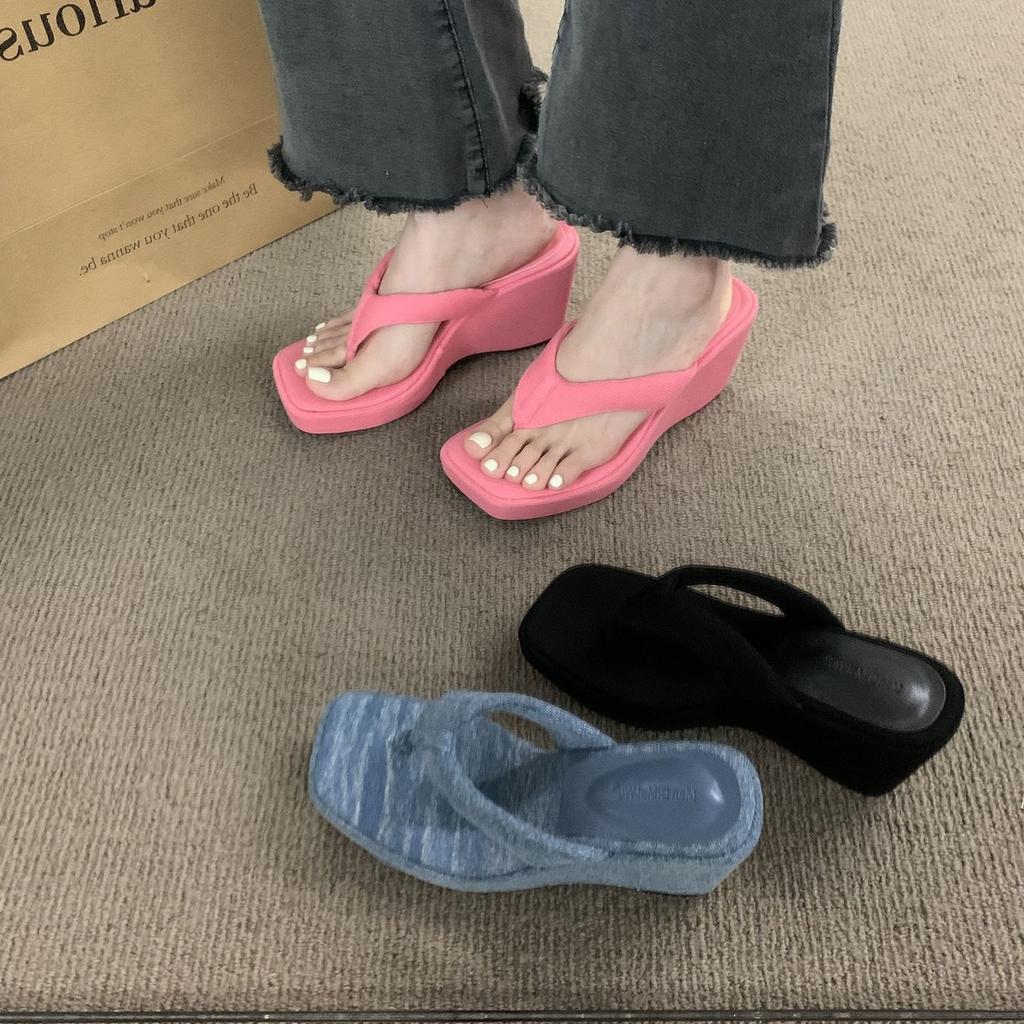 Thick-soled Sandals Wear French Evening Wind Pinch Slippers Women's 2025 Summer New Beach Shoes Flip-flops High Heels