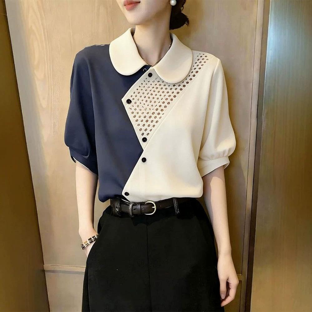 High-end Contrasting Color Splicing Short-sleeved Shirt Women's Summer New Fashion Foreign Style Thin Top Trendy A