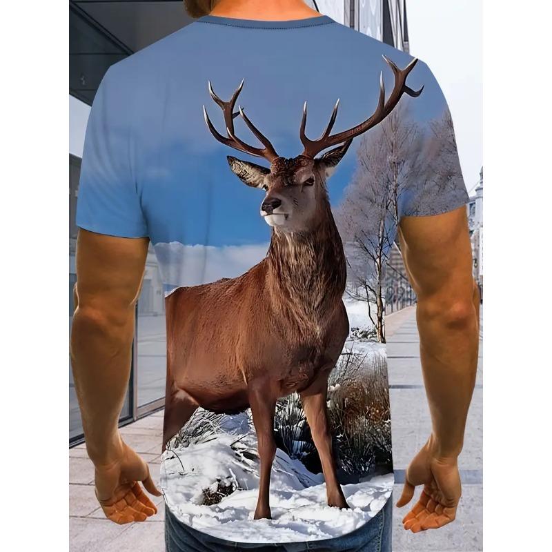 Men's Deer Print T-shirt Sports Short Sleeved Crew Neck T-shirt for Summer Outdoor Fitness Workout Men's Clothing
