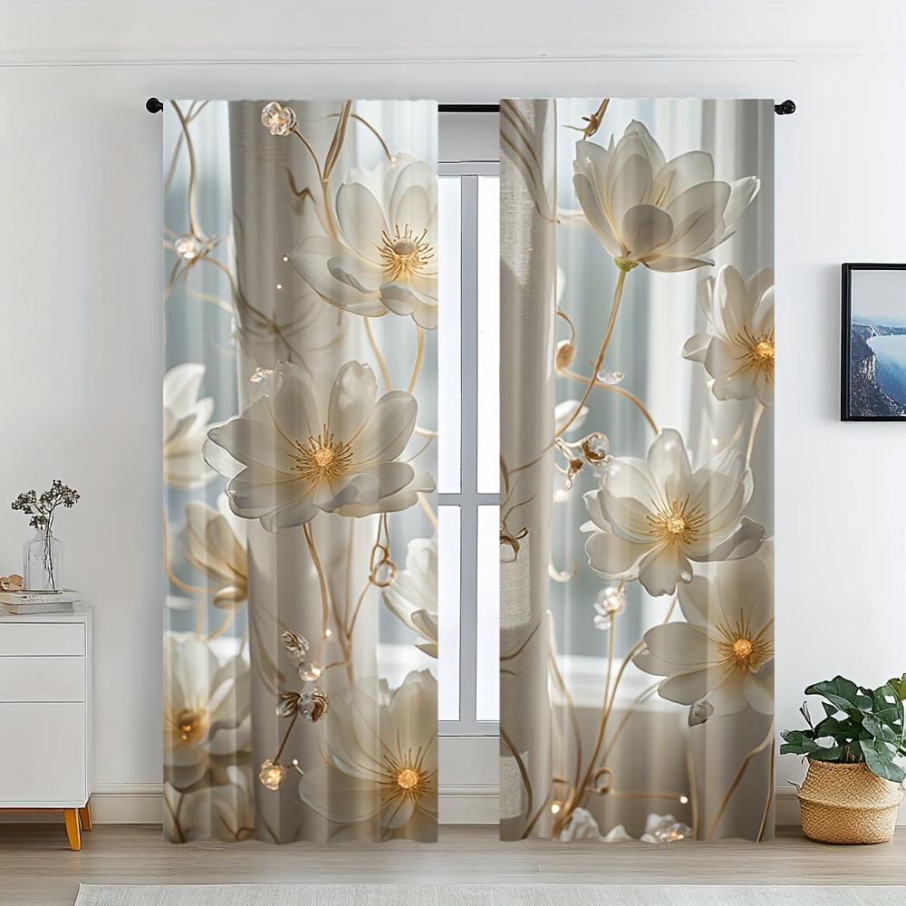 2pcs Gold Floral Crystal Print Curtains – Elegant White and Gold Blossom Design for Living Room Bedroom Office Kitchen and More
