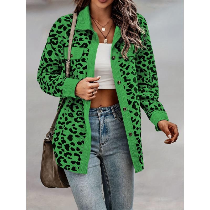 Autumn and Winter  Fashion Leopard Print Button Long Sleeve Jacket Woman