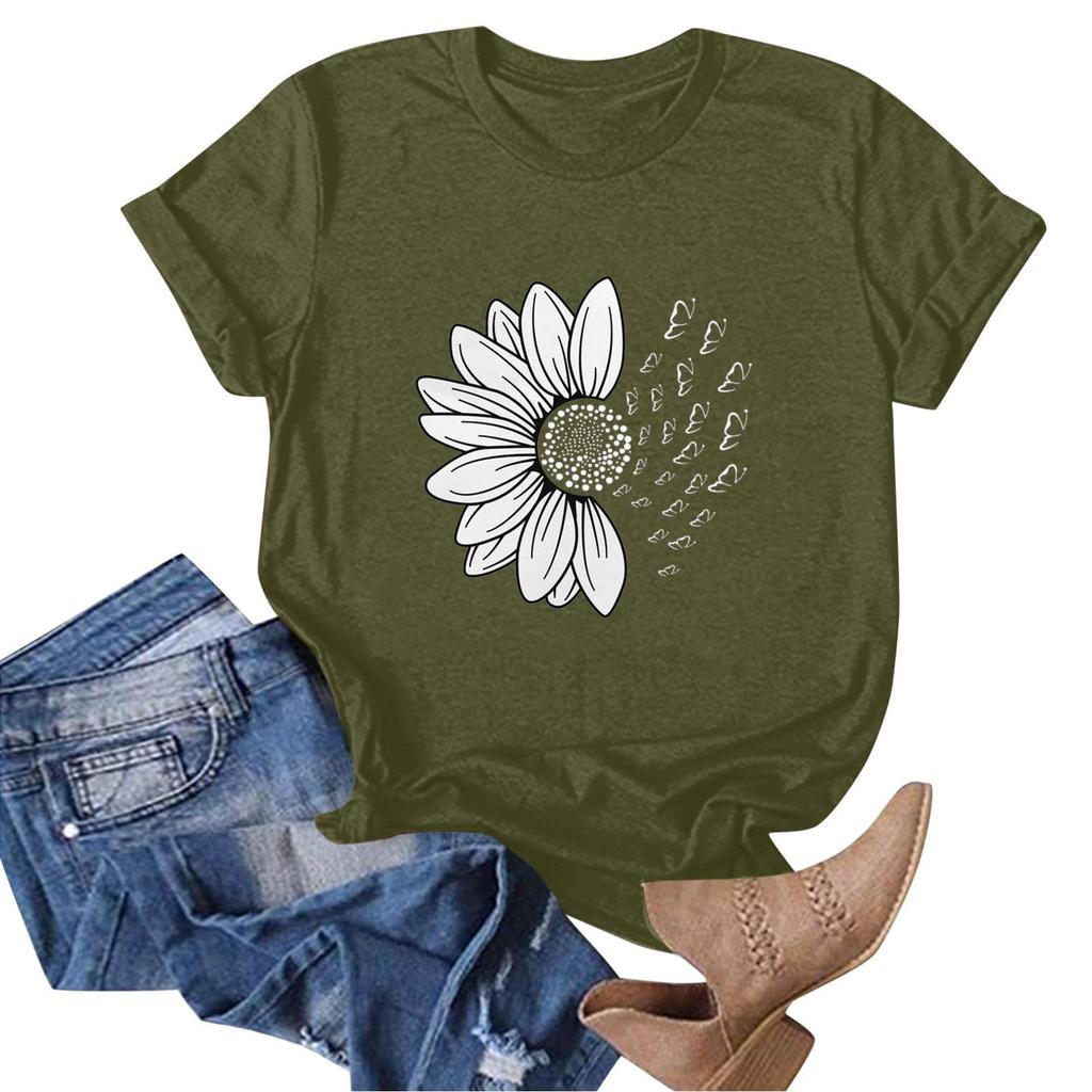 Women's Casual Floral Print Short Sleeved T-shirt With Round Neck  Top