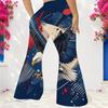 Women Plus Size High Waist Red Blue Star Printed Full Length Flared Pants