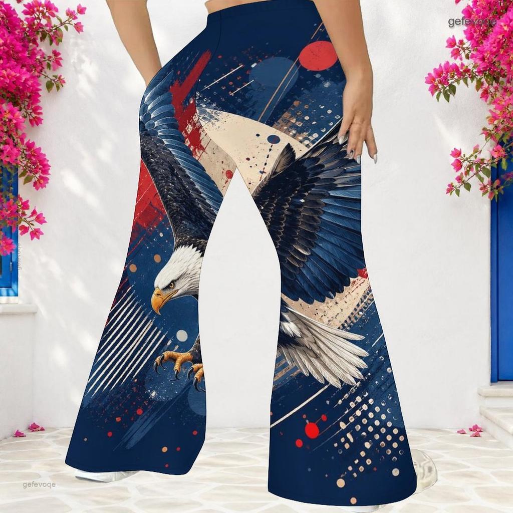 Women Plus Size High Waist Red Blue Star Printed Full Length Flared Pants