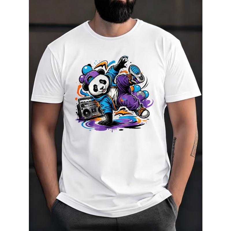 European Size Casual Streetwear Style Men's T-Shirt Soft Breathable Solid Tee for Daily Panda Dancing with Boombox Graffiti Art Football Party Summer