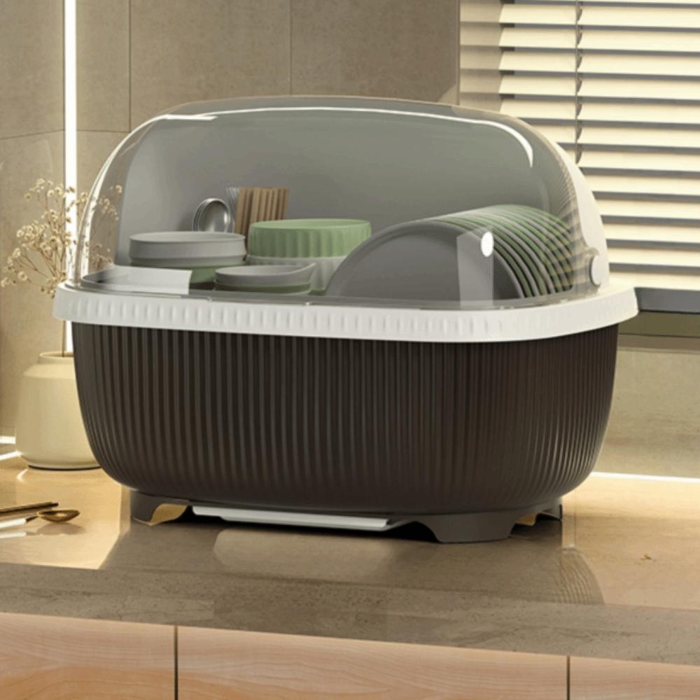 Stor oppvaskstativ med takdeksel Plast Multifunksjonelt oppbevaringsstativ for servise med avrenningsbrett Skap