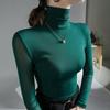 Autumn Winter New Top High Neck Lace Mesh Bottoming Shirt Women's Solid Color Long Sleeve Tshirt M-4XL