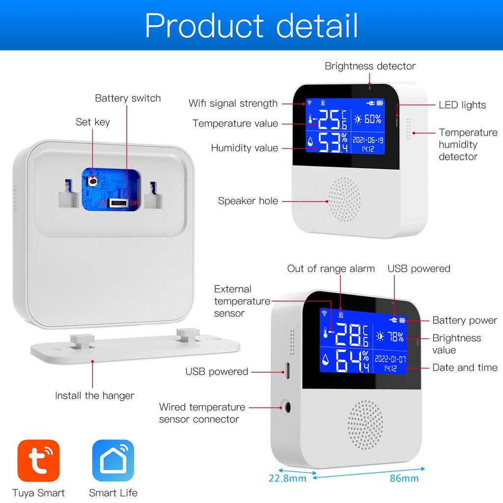 Smart Wireless WiFi Digital Thermometer Hygrometer LCD Screen Home Tuya APP Notification WIFI Temperature and Humidity Sensor