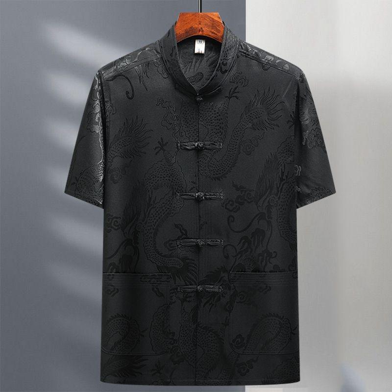 Chinese Style Tang Suit Men Long Sleeve Silk Blended Fabric Casual Traditional Clothing For Middleaged Adults