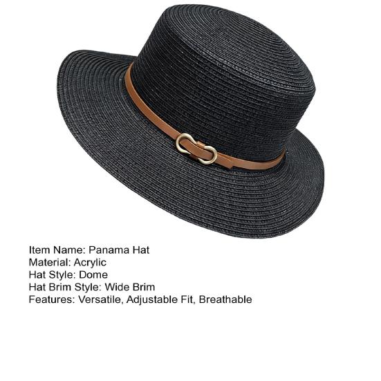 Panama Hat Women Men Faux Leather Buckle Straw Sun Hat French Style Flat-Top Style Wide Brim UV Protection Beach Hat