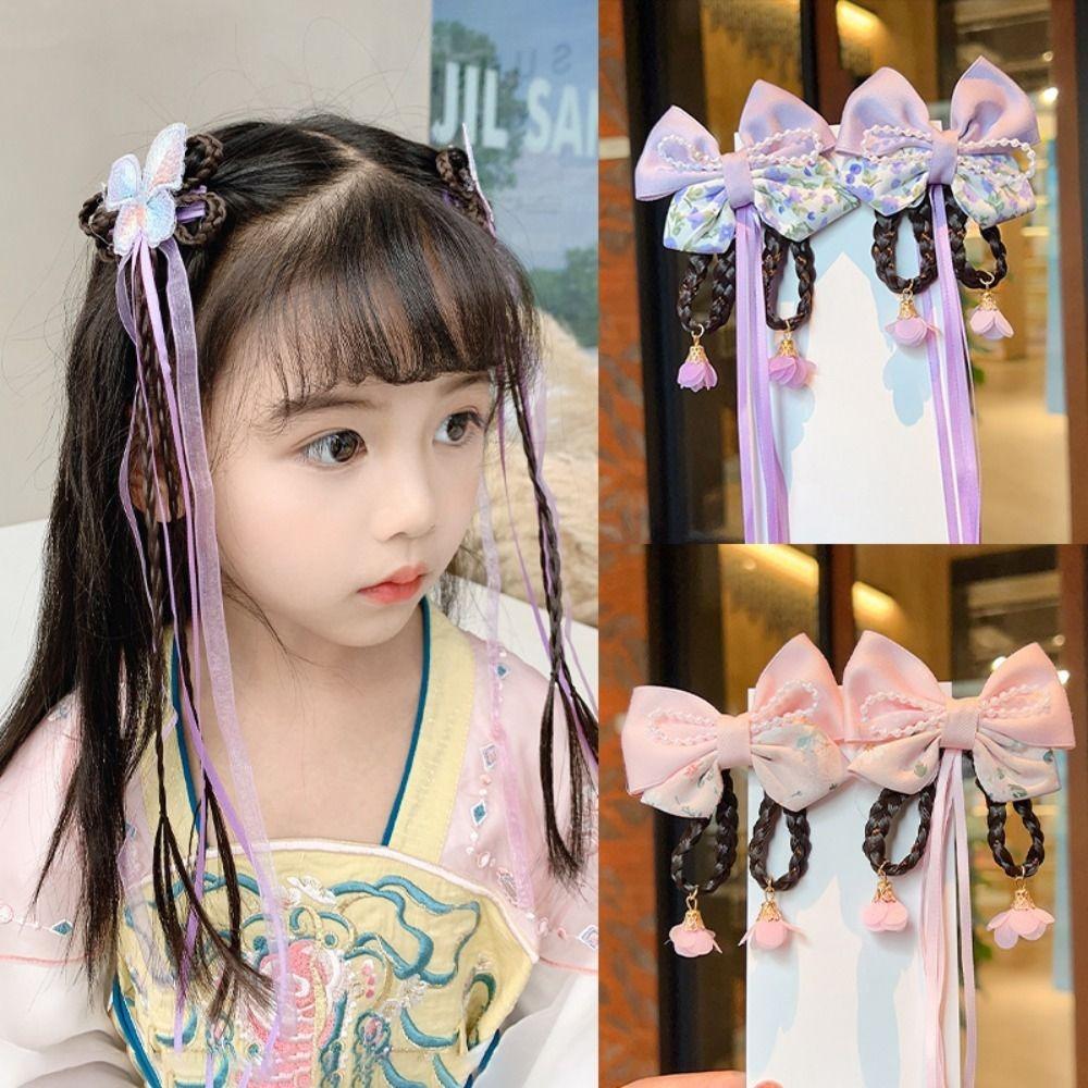 Chinese Style Hair Kids Hanfu Flower Tassel Hairpin Synthetic Braided Wig Princess Hair Band