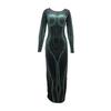 Women Spring Fall Party Dress Slim Fit Striped Print Maxi Dress Skinny Sheath Long Sleeve Elastic Round Neck Soft Thin Ankle Length Lady Dress