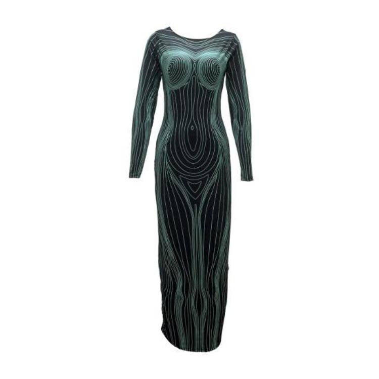 Women Spring Fall Party Dress Slim Fit Striped Print Maxi Dress Skinny Sheath Long Sleeve Elastic Round Neck Soft Thin Ankle Length Lady Dress
