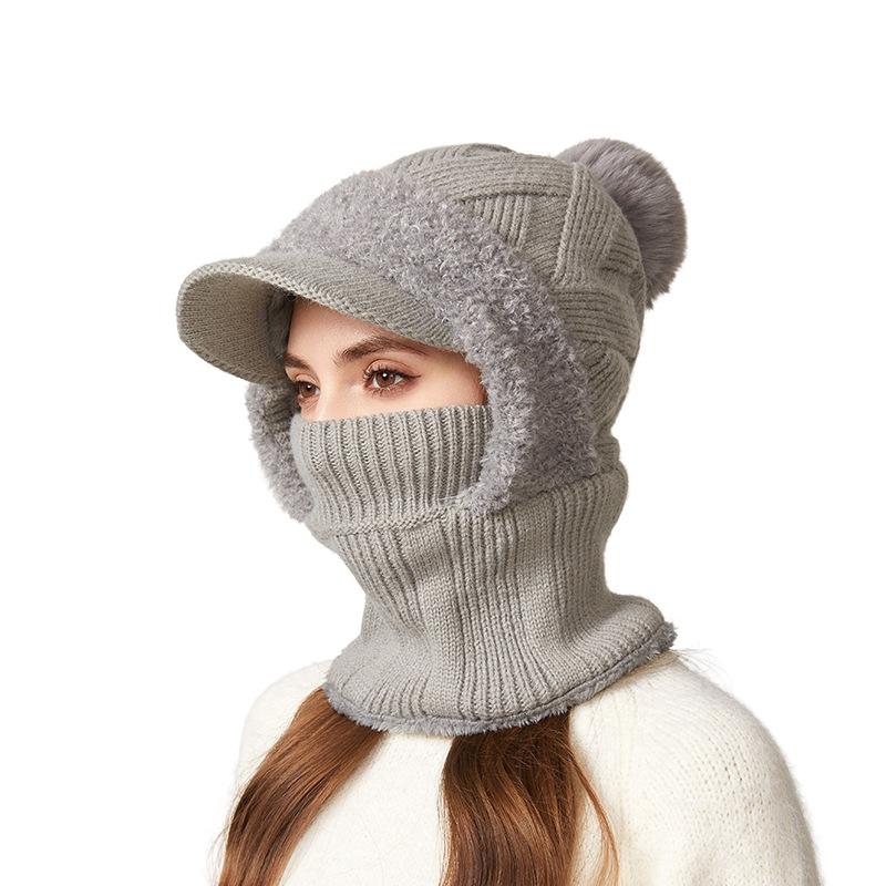 

Осенне-зимняя вязаная шапка-бини с меховым помпоном и козырьком, женская, для активного отдыха, велоспорта, защиты лица, теплая шапка, шарф, маска серый