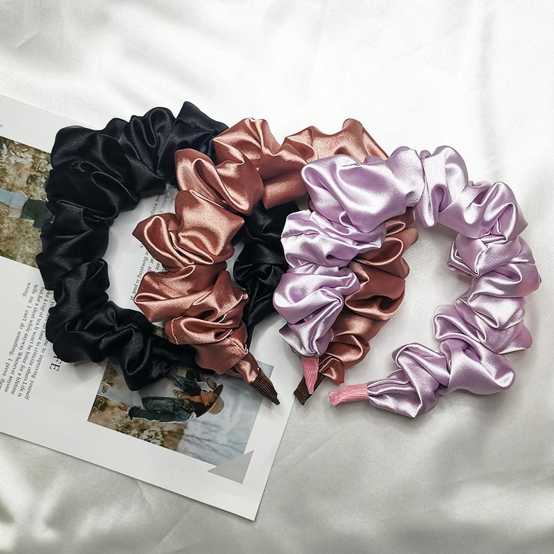 Lystrfac Solid Color Slik Padded Pleated Hairband for Women Fashion Scrunchy Headband Retro Hair Loop Female Hair Accessories