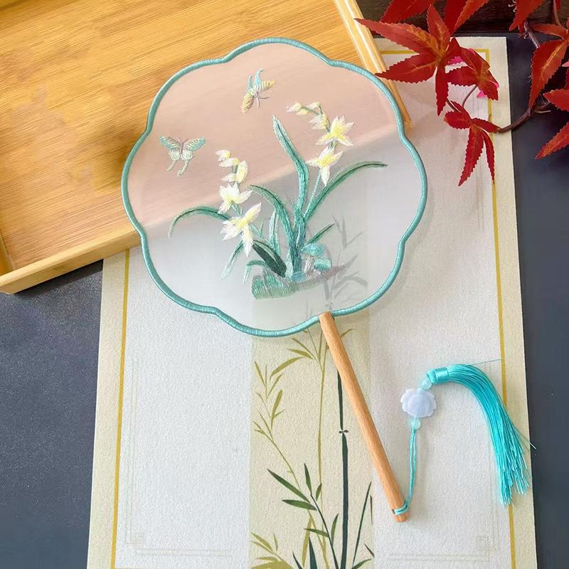 Vintage Doppelseitiger Fächer Blume Stickerei Handfächer Traditionelle Chinesische Kunst Handwerk Hanfu Tanzparty Zubehör Performance Requisiten