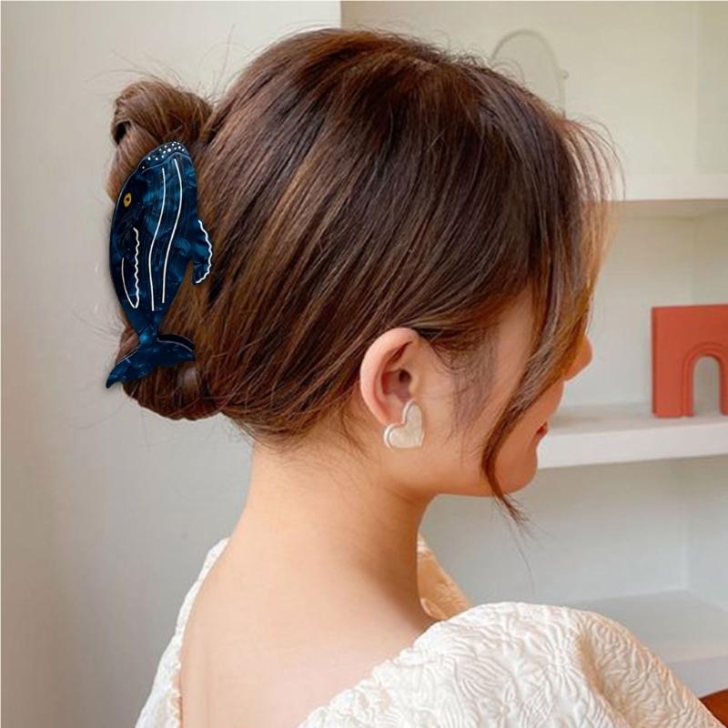 Stylish Acetate Hair Claw Clip Ocean Theme Hair Barrette Feature Marine Life Theme White Blue Ponytail Holder