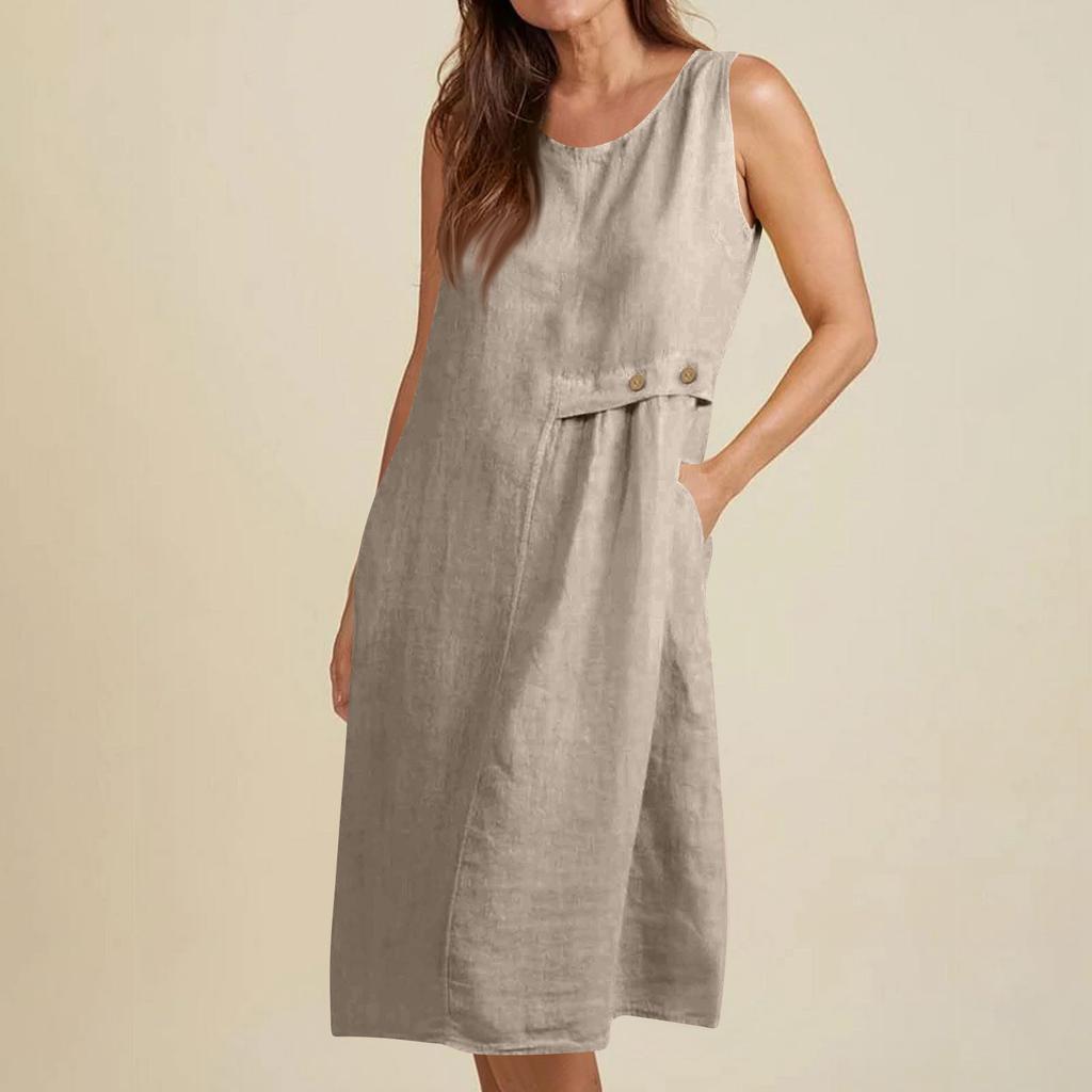 Women's Fashionable Solid Color Round Neck Button Pocket Loose Sleeveless Vest Dress