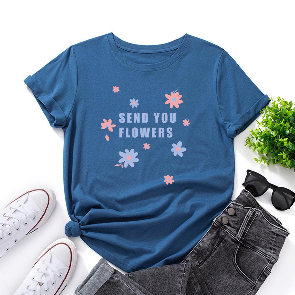 Send You Flowers Cotton T-Shirt Short Sleeve Round Neck Women 2d Print Tops