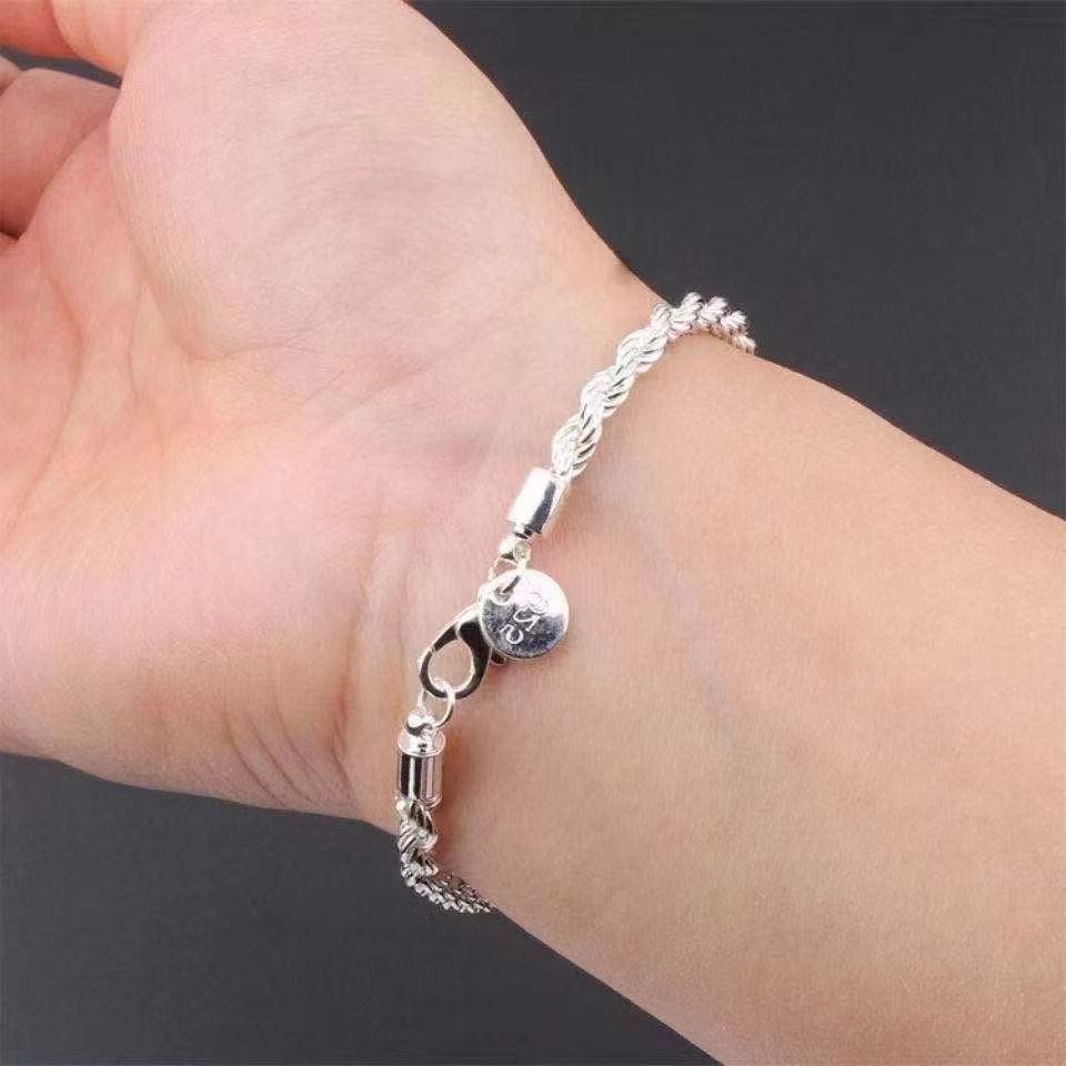 Trendy 4mm Silver-Plated Rope Twist Bracelet for Women – European & American Style