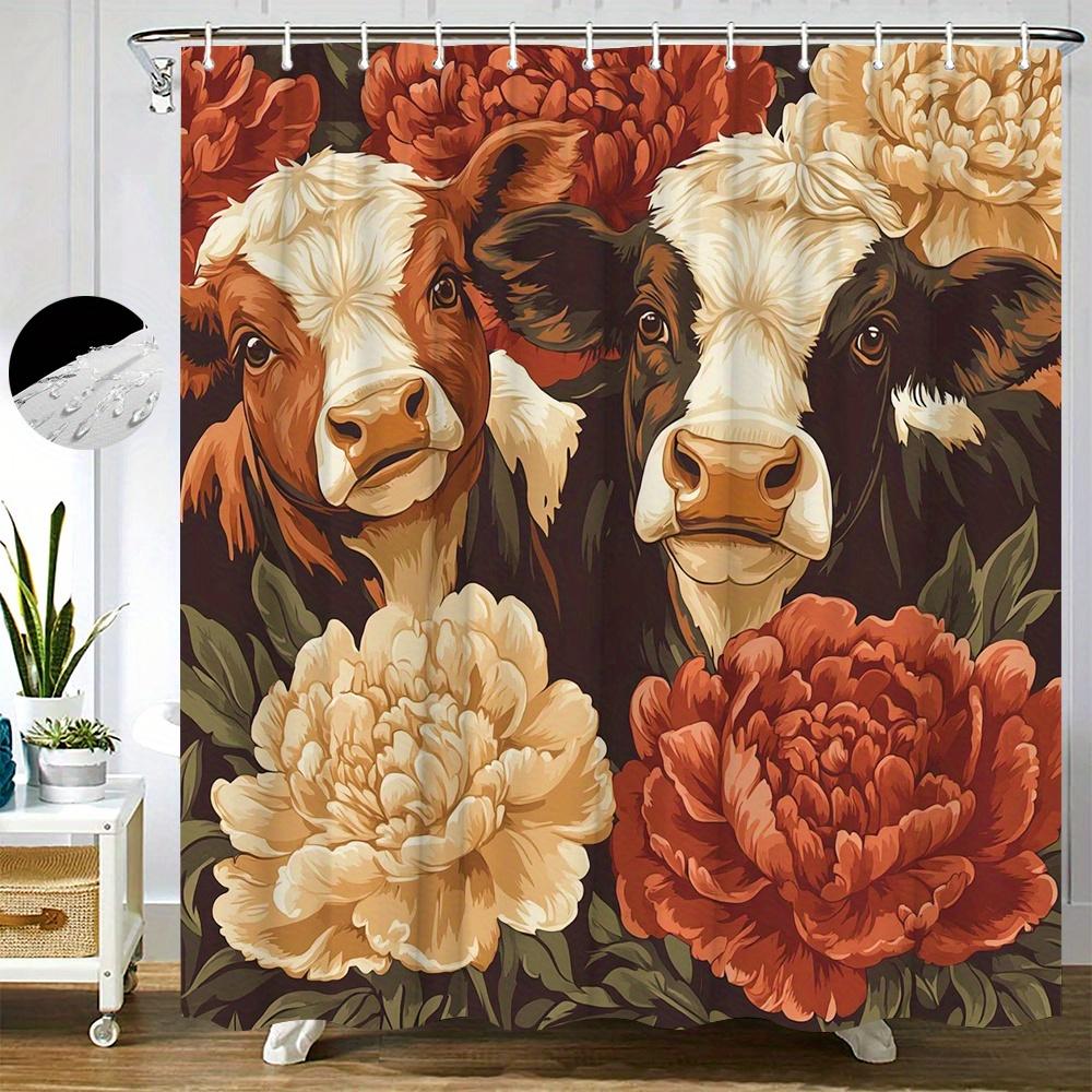 

1Pc Realistic Cow & Peony Shower Curtain - Two Cows With White/Brown Fur & Vibrant Red/Pink/White Peonies On Dark Background W60H190(CM)-1 Pcs