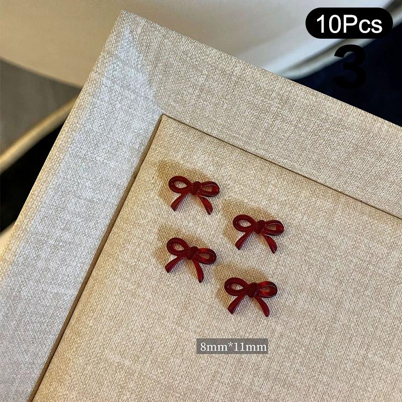 10Pcs Red Resin Long Ribbon Nail Art Charms Kawaii Bow Nail Rhinestones Decorations Diy Manicure Ornament Accessories Supplies