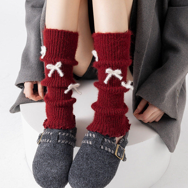 New Year'S Day Red Medium Tube Leggings Leg Cover Women'S Knitted Warm Sweet Butterfly Autumn And Winter Stacking Socks Cover Vertical Calf Socks