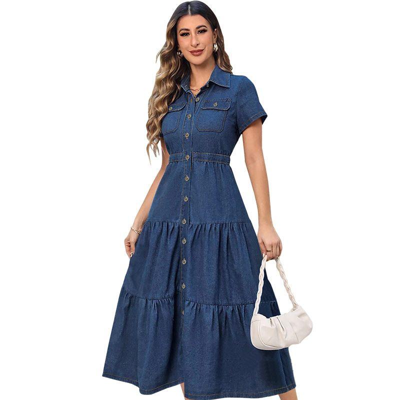 

218580 Women clothes New Denim Lapel Short sleeve Waist Hugging Cardigan Long Dress Dark Blue S