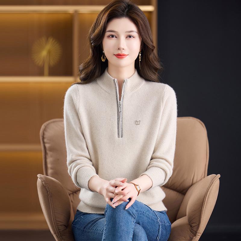 Women's Pure Wool Half-Zip Sweater - Stylish Winter Base Layer for Middle-Aged and Elderly