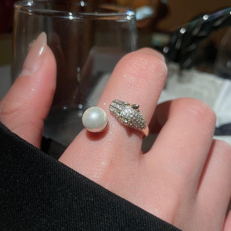 Cold wind zircon pearl opening ring Korean elegant temperament versatile index finger ring light luxury high-end jewelry women
