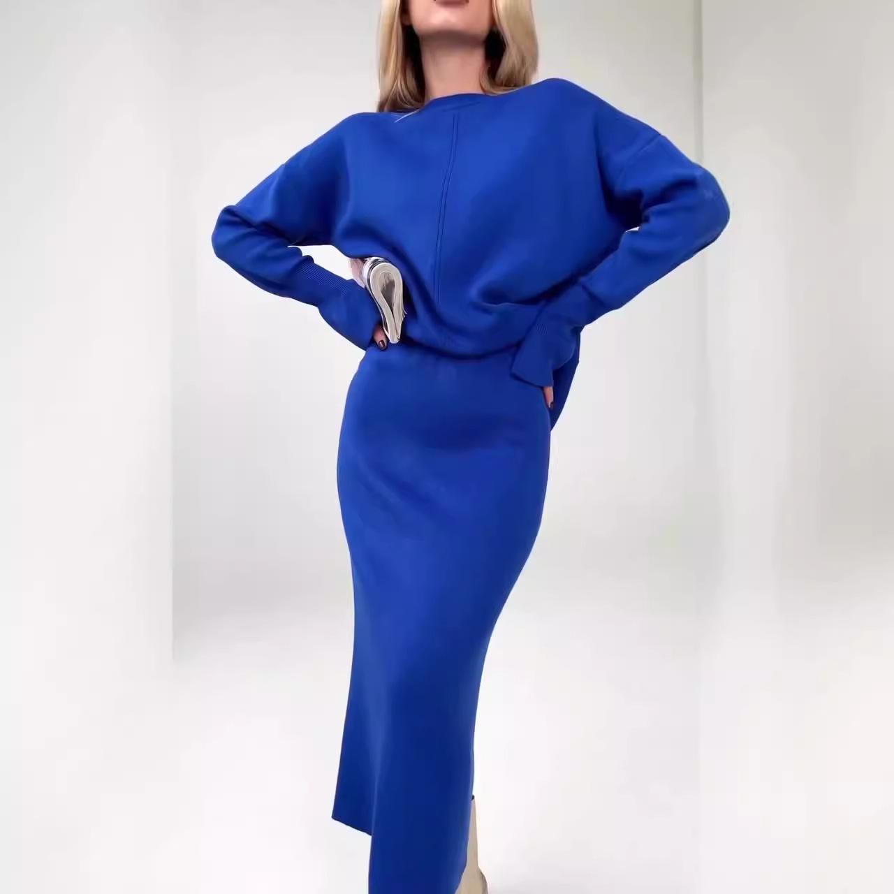 

2024 Европейский и американский однотонный вязаный пуловер и облегающее платье комплект XS