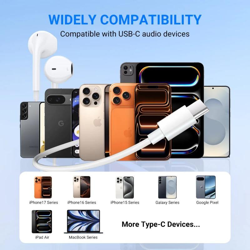 USB C Headphones for iPhone 17 16 15 Wired Type C Earphones Built-in Microphone Volume Control HiFi Stereo Sound Earbuds