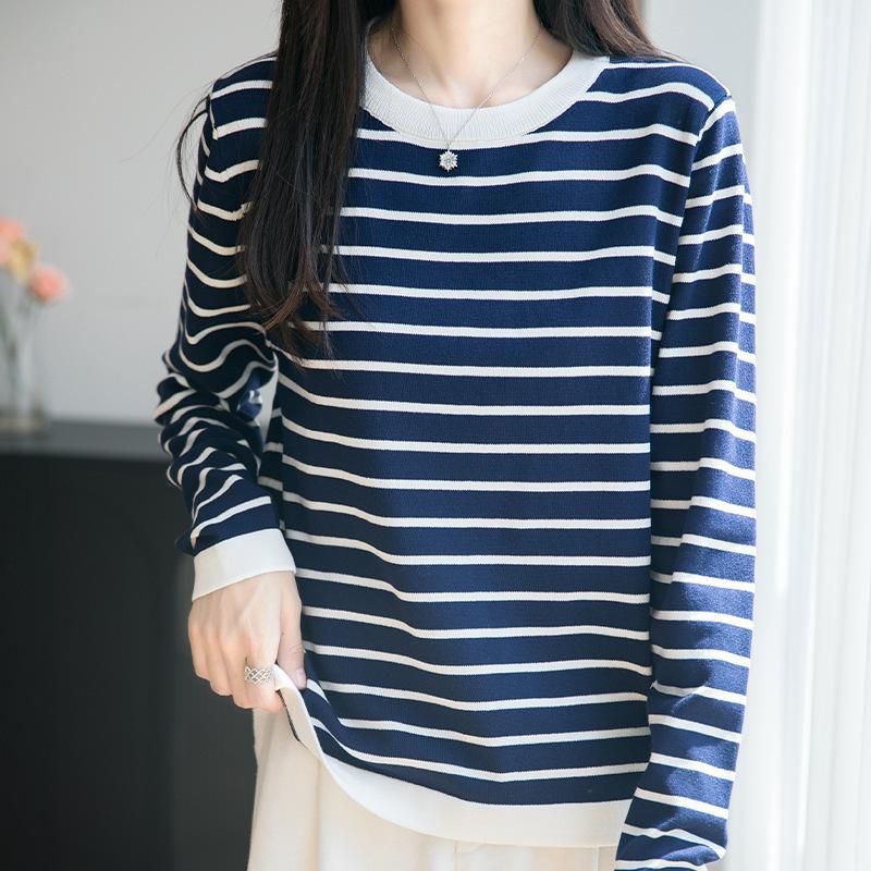

Новый осенне-зимний полосатый базовый свитер с длинным рукавом, свободный и облегающий вязаный базовый топ для женщин M