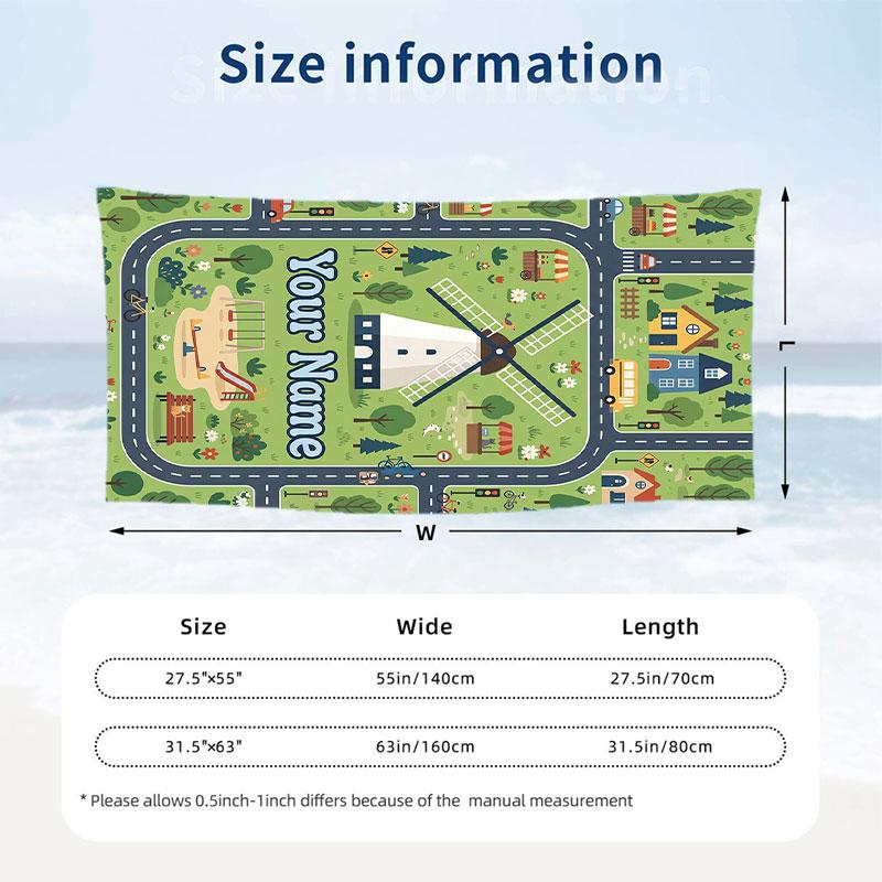 Windmill Village Adventure Theme Quick Dry Beach Towel Custom Name Text Print Large Sand Resistant Towel Beach Vacation