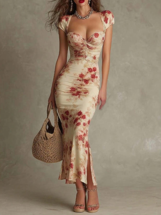 2026 European and American women s clothing, retro printed slim-fitting dress, elegant temperament hip-wrapped long dress evening dress S