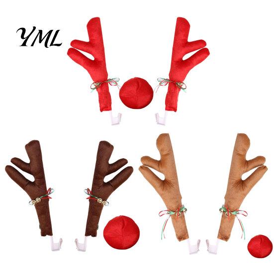 Winter Holiday Car Decor Christmas Reindeer Antlers with Red Nose, Plush Vehicle Decoration Party Accessory Kit Jingle Bell Ribbon, Festive