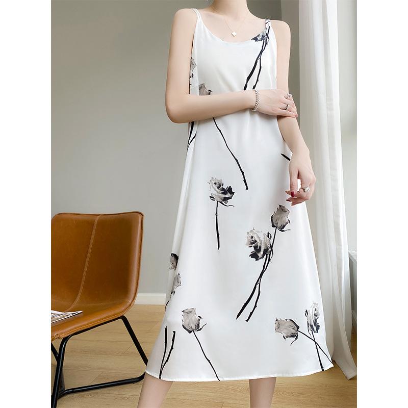 New Arrival Summertime Suspender Dress for Women V-neck Sleeveless Acetic Acid Printed Mid-length A-long Skirt Temperament Suit Inner Skirt