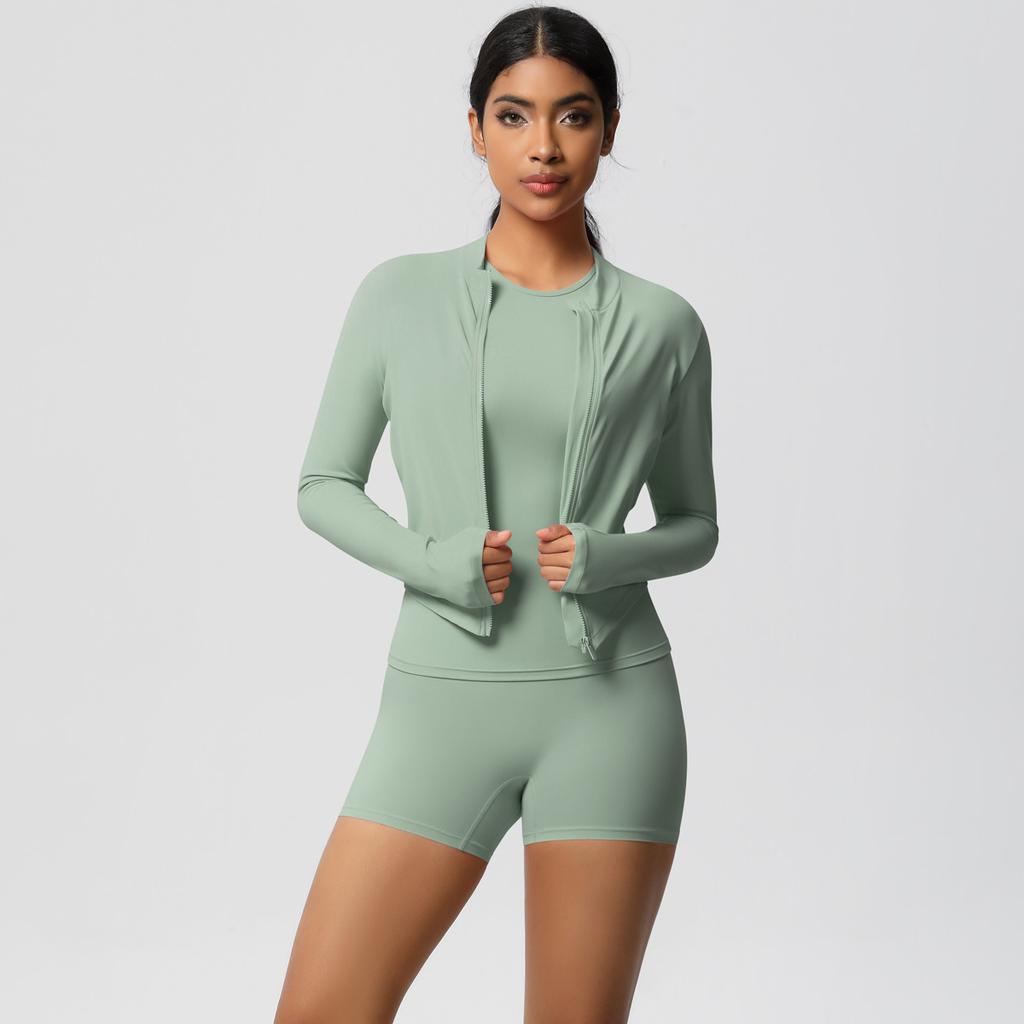 Naked Cardigan Jacket Round Neck Short Sleeved Three Piece Casual Yoga Running Fitness Suit Set For Women