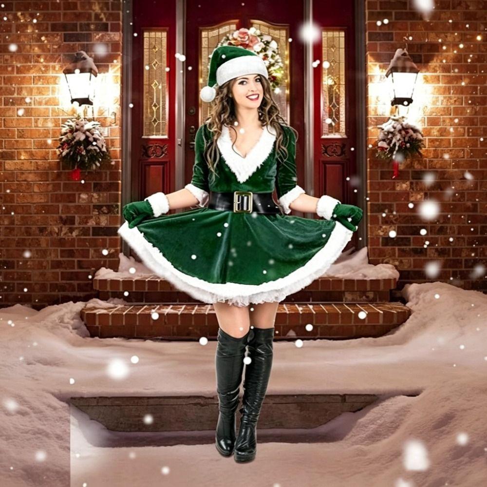Belted Dress Christmas Dress Short Sleeve Mrs Claus Costume Set Christmas Outfits Halloween Party