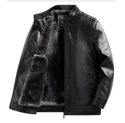 Men's Winter Windproof Warm Faux Leather Jacket Stand Collar Fleece Lined Casual Motorcycle Bomber Jacket With Faux Fur Lined Plus Size for Male