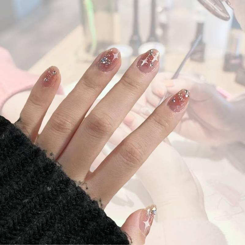 Brightening And Detachable Artificial Nail Stickers For Students Short Medium Long With Rhinestones