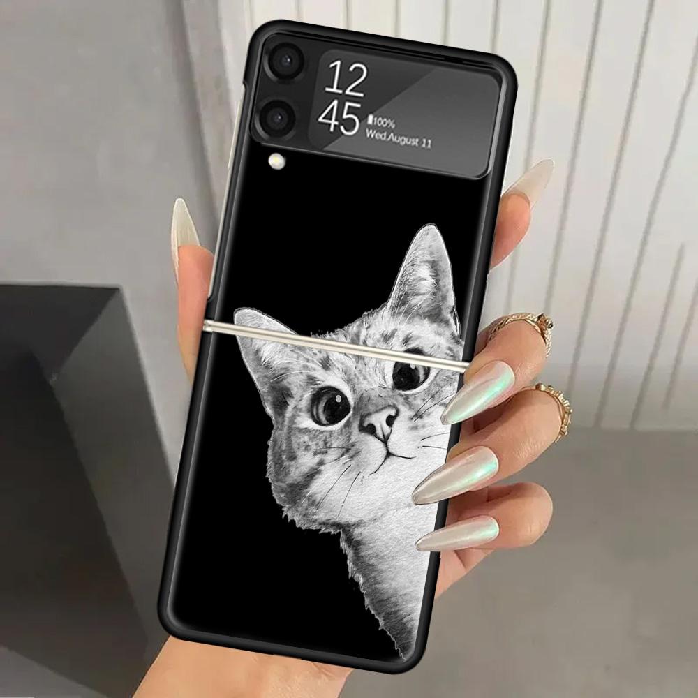 Cat Cute Kitten Cartoon Hard PC Phone Case For Samsung Galaxy Z Flip 7 6 5 4 3 Black ZFlip7 ZFlip6 Flip5 Flip4 Flip3 5G Print Co