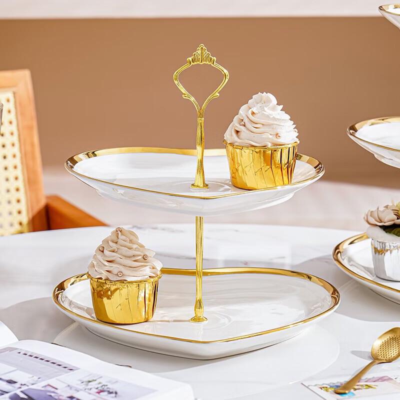 Heart-Shaped Two-Tier Ceramic Dessert Stand with Gold Rim