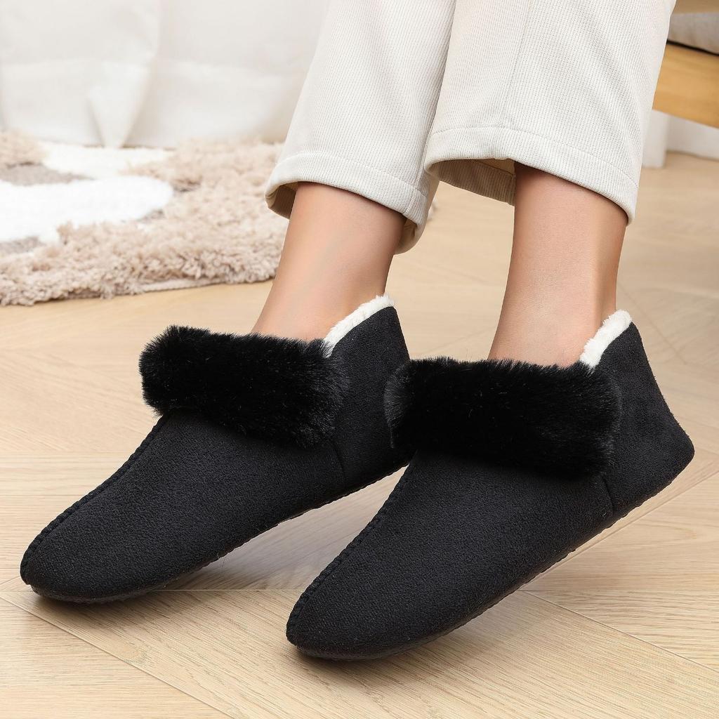 Warm Woolen Mouth Bag with Cotton Slippers and Velvet Anti Slip Home Cotton Shoes, Winter Women's Thin Soled Indoor Short Boots