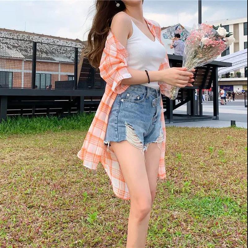 Über das Knie Lange Sonnenschutzkleidung Damen Locker Übergroß MM Karomuster Chiffonhemd Sonnenschutzkleidung Großer Lockerer Langer Mantel