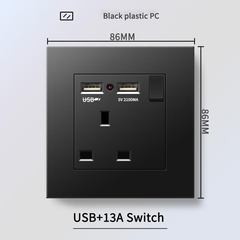 13A British Standard Socket with USB & Type-C Fast Charging, Light Switch, Black Panel for Hong Kong & Macau